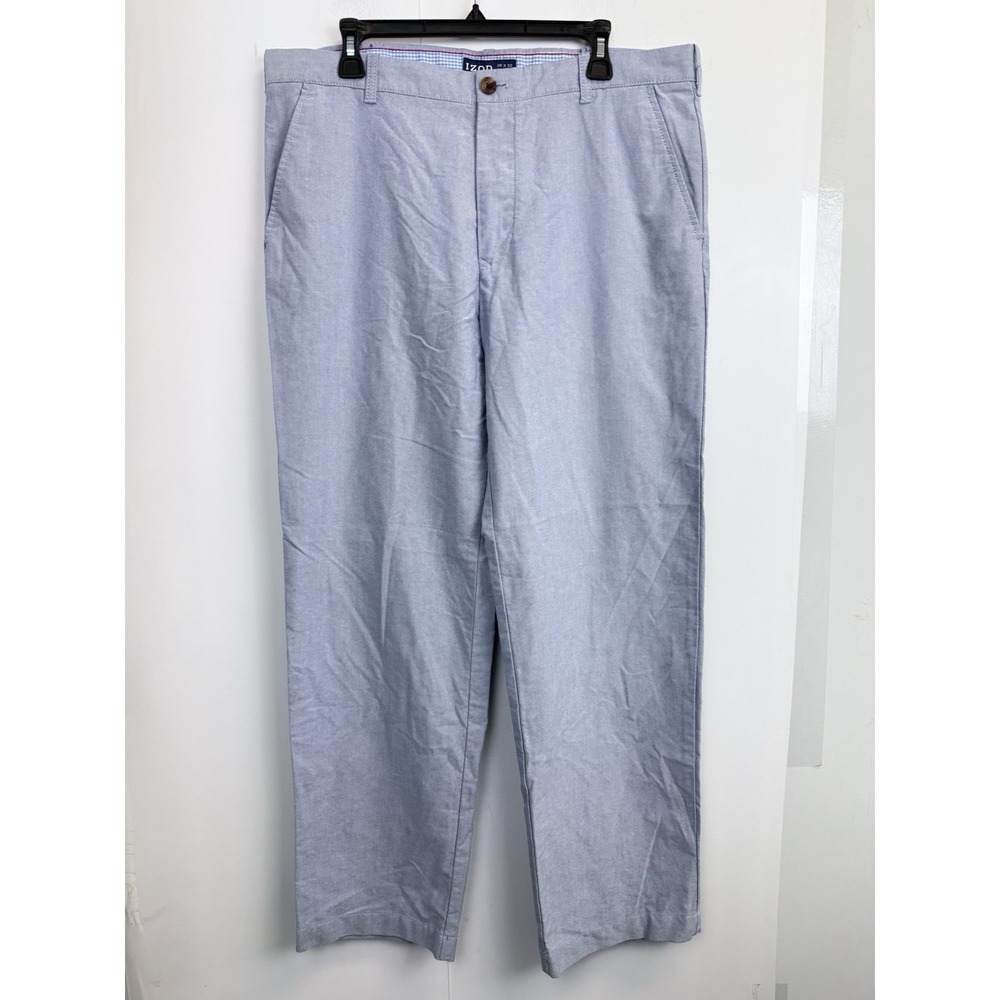 Izod Mens Wrinkle Free Oxford Pants 36x32 Blue Straight Leg‎ Flat Front